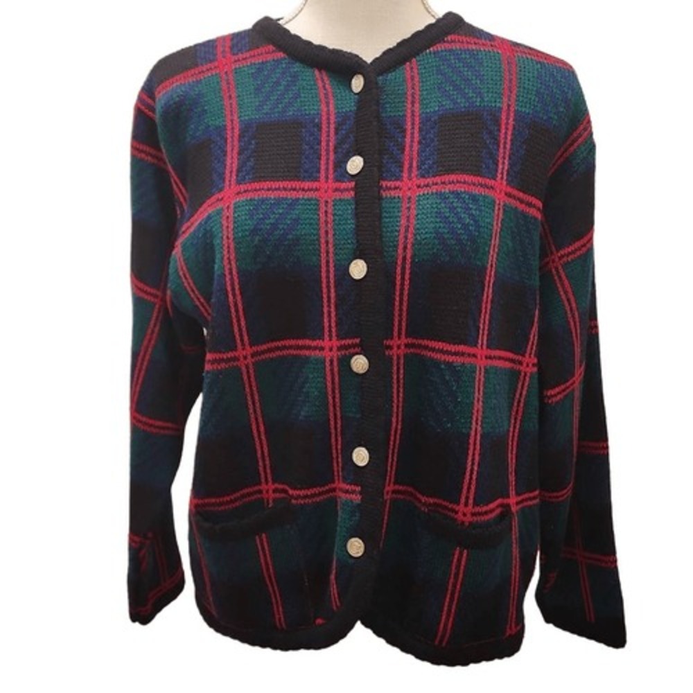 Vintage Tally-Ho Plaid Cardigan Sweater Medium‎ Red Green Blue Crest Buttons 90s